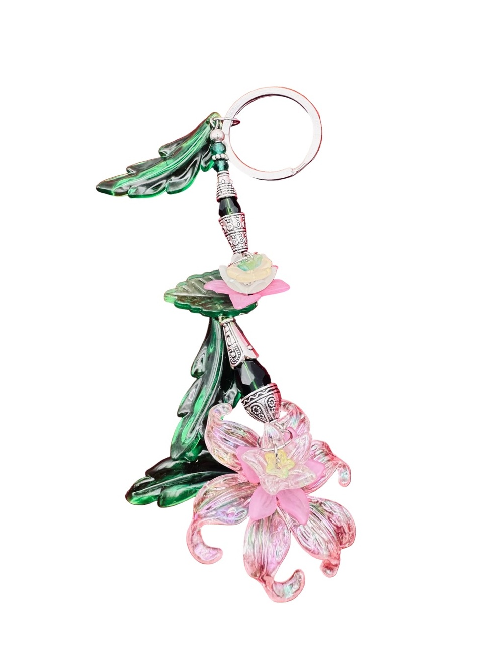 Glass Flower Key Ring Keychain - Pink & Green Lrg Flower, Modern Era (1970-Now)